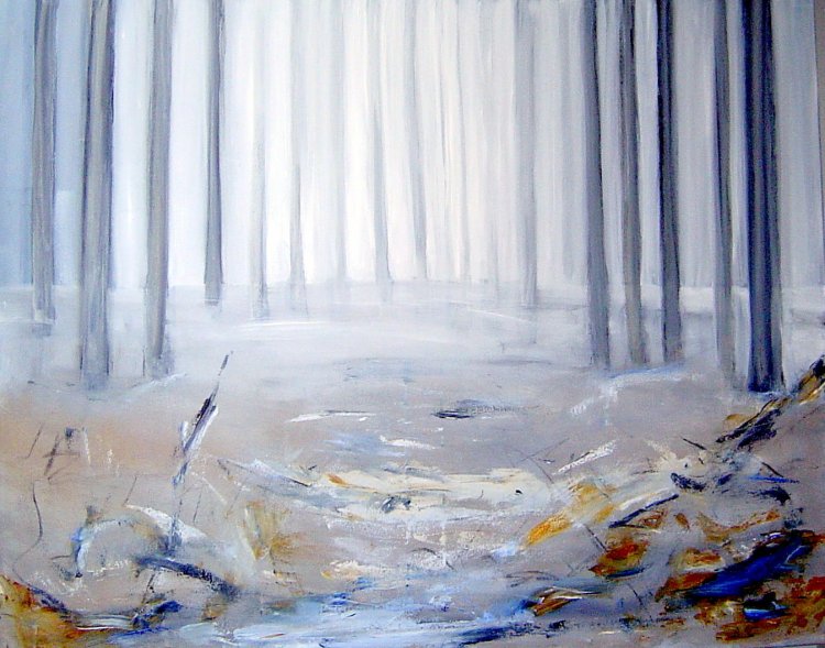 Bos in nevelen, olieverf. 80 x 100 cm in baklijst, Kunstenaar Rita Koolstra