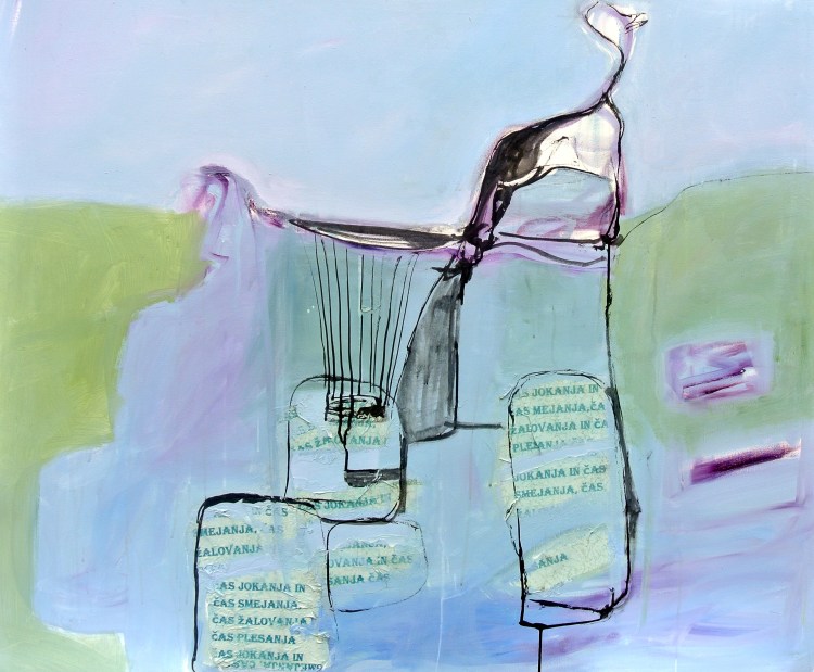 tijd om te lachen, tijd om te huilen. gemengde technieken 100 x 120 cm.